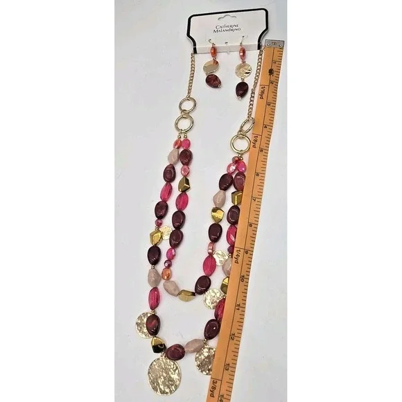 Catherine Malandrino Adj Necklace Earrings Set Layered Pink Iridescent Gold Tone - Picture 8 of 9